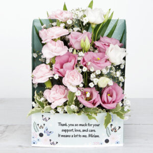 Personalised Flowercard with Spray Carnations, Pink Lisianthus, White Gypsophila, Pittosporum and Chico Leaf