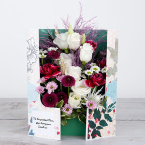 Pink Spray Carnations, Button Santini, White Santini with Pink Tree Fern and White Eryngium Flowercard