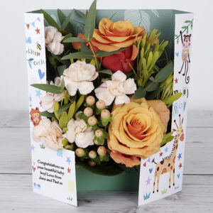 New Born Congratulations Flowercard with Dutch Roses, Peach Hypericum, Spray Carnations and Eucalyptus