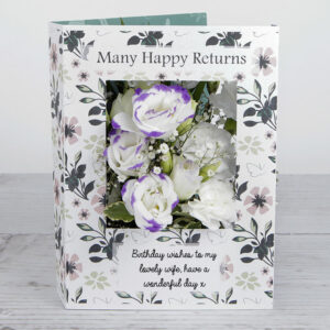 Spray Carnations and White Lisianthus accented in Purple Birthday Flowercard
