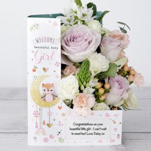 New Born Congratulation Flowercard with Peach Hypericum, Lilac Tea Roses, Spray Roses, Eucalyptus and Ruscus